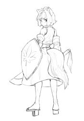 Rule 34 | 1girl, ahoge, animal ears, chinese commentary, commentary request, full body, geta, greyscale, hat, highres, holding, holding shield, holding sword, holding weapon, inubashiri momiji, leaf print, long sleeves, looking at viewer, looking back, medium hair, monochrome, shield, shirt, simple background, skirt, solo, sword, tail, tassel, tengu-geta, tokin hat, touhou, tuck (tuck23978434), weapon, white background, wolf ears, wolf tail