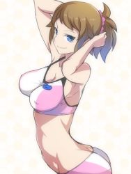 Rule 34 | 10s, 1girl, ass, ban! (bansankan), blue eyes, breasts, brown hair, butt crack, cleavage, covered erect nipples, gundam, gundam build fighters, gundam build fighters try, hoshino fumina, large breasts, solo, sports bra, two-tone sports bra