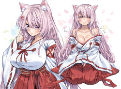 Rule 34 | 1girl, animal ear fluff, animal ears, blush, breasts, cat ears, cleavage, commentary request, hakama, hakama skirt, japanese clothes, large breasts, long hair, miko, multiple views, nijisanji, official alternate costume, open clothes, pink eyes, pink hair, red hakama, red ribbon, ribbon, ribbon-trimmed sleeves, ribbon trim, shiina yuika, shiina yuika (3rd costume), skirt, swept bangs, takanashi ringo, very long hair, virtual youtuber, wide sleeves
