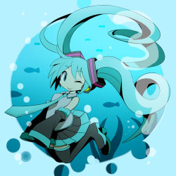 Rule 34 | 1girl, aqua eyes, aqua hair, bare shoulders, detached sleeves, floating hair, givuchoko, hatsune miku, long hair, necktie, one eye closed, sleeves past wrists, smile, solo, thighhighs, twintails, underwater, very long hair, vocaloid, wink, zettai ryouiki