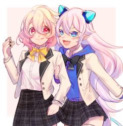 Rule 34 | 2girls, blouse, blush, cookie, crayon, crossed bangs, demon horns, elsword, food, holding, holding cookie, holding food, horns, laby (elsword), licking lips, locked arms, long hair, luciela r. sourcream, multiple girls, ne (stardoll999), pointy ears, school uniform, shirt, skirt, smile, striped clothes, striped skirt, swept bangs, thighhighs, tongue, tongue out, white shirt