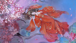 Rule 34 | 1girl, absurdres, barefoot, brown hair, cleavage cutout, clothing cutout, doupo cangqiong, dress, flower, from above, full body, hand on own chest, highres, jewelry, lily pad, long hair, long sleeves, looking at viewer, necklace, petals, red dress, second-party source, solo, tree, water, yi five jiushi wo, yun yun (doupo cangqiong)