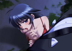 Rule 34 | 1boy, 1girl, ayamine kei, black hair, bou (inubou), breasts, censored, collarbone, fellatio, from above, game cg, hair between eyes, hetero, highres, jewelry, large breasts, long hair, looking up, mosaic censoring, muv-luv, muv-luv altered fable, necklace, official art, oral, outdoors, penis, purple eyes, red shirt, shirt, sleeveless, sleeveless shirt, solo focus, spaghetti strap, tongue, tongue out