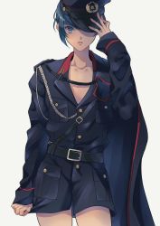 Rule 34 | 1boy, alternate costume, androgynous, bad id, bad pixiv id, belt, blue cape, blue eyes, blue hair, blue jacket, blue shorts, cape, collarbone, cowboy shot, eyelashes, grey background, hand up, hat, highres, jacket, lips, long sleeves, looking at viewer, male focus, military, military hat, military uniform, nana (hndj4527), parted lips, protagonist (smtv), shadow, shin megami tensei, shin megami tensei v, short hair, shorts, single sidelock, solo, thighs, uniform