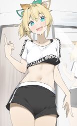 Rule 34 | 1girl, absurdres, black shorts, black sports bra, blonde hair, blue eyes, breasts, byeon dha, character name, copyright name, cropped shirt, hair ornament, highres, hololive, hololive dance practice uniform, index finger raised, kazama iroha, leaf hair ornament, light blush, looking at viewer, mirror, official alternate costume, open mouth, reflection, shirt, short shorts, shorts, small breasts, solo, sports bra, sweat, virtual youtuber, white shirt