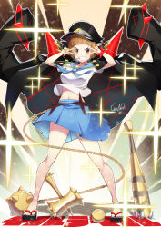 Rule 34 | 1girl, :d, arms up, artist name, ball and chain (weapon), bare legs, black coat, black footwear, black headwear, blue sailor collar, blue serafuku, blue skirt, blunt bangs, breasts, brown eyes, brown hair, club (weapon), coat, crescent, crescent hat ornament, double v, full body, gainoob, geta, grin, hat ornament, highres, kendama, kill la kill, light particles, looking at viewer, mankanshoku mako, medium breasts, medium skirt, mouth hold, navel, open mouth, planted, pleated skirt, sailor collar, school uniform, serafuku, short hair, short sleeves, shoulder spikes, skirt, smile, solo, sparkle, spikes, stalk in mouth, standing, teeth, v, v-shaped eyebrows, weapon