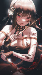 Rule 34 | 1girl, absurdres, bare shoulders, black dress, blood, blood on face, bloody weapon, blush, breasts, cleavage, dress, flower, hair flower, hair ornament, hhl (ggul80hg58), highres, holding, holding weapon, knife, large breasts, long hair, looking at viewer, red eyes, solo, spy x family, weapon, yor briar