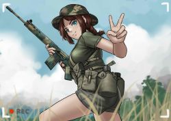 Rule 34 | 1girl, battle rifle, blue eyes, brown hair, camouflage, camouflage headwear, canteen, chest rig, cloud, cloudy sky, fn fal, freckles, grass, gun, highres, holding, holding weapon, mardjan, original, recording, rifle, short hair, short shorts, shorts, sky, smile, solo, tree, v, weapon