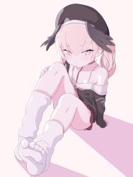 Rule 34 | 1girl, absurdres, blue archive, blush, feet, hand on own knee, highres, koharu (blue archive), long hair, looking at viewer, no shoes, off shoulder, pink eyes, pink hair, socks, soles, toes, twintails, white legwear