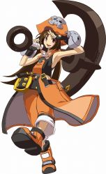 Rule 34 | 1girl, 3d, anchor, arc system works, armpits, belt, blush, brown eyes, brown hair, fingerless gloves, gloves, guilty gear, guilty gear xrd, hat, highres, may (guilty gear), midriff, official art, orange hat, orange shirt, pirate hat, salute, shirt, shorts, skull and crossbones