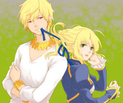 Rule 34 | 1boy, 1girl, ahoge, alternate costume, artoria pendragon (all), artoria pendragon (fate), bad id, bad pixiv id, blonde hair, blue dress, bracelet, dress, earrings, fate/zero, fate (series), gilgamesh (fate), green background, green eyes, hair down, hair ribbon, isshoku (shiki), jewelry, long hair, mouth hold, necklace, official alternate costume, puffy sleeves, red eyes, ribbon, saber (fate), shirt, short hair, simple background, smile, teasing, white shirt
