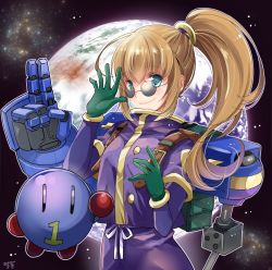 Rule 34 | 1girl, bobot, breasts, brown hair, commentary request, earth (planet), gloves, highres, long hair, looking at viewer, looking over eyewear, looking over glasses, mechanical arms, planet, ponytail, precis neumann, robot, ruiki (fkhv7527), single mechanical arm, smile, space, star ocean, star ocean the second story, sunglasses, tinted eyewear