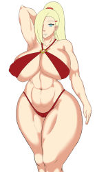 Rule 34 | 1girl, armpits, bikini, blonde hair, blue eyes, blush, breasts, cleavage, curvy, covered erect nipples, highres, huge breasts, large breasts, long hair, looking at viewer, naruto, naruto (series), navel, ponytail, smile, solo, standing, swimsuit, tongue, tongue out, wide hips, yamanaka ino