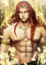 Rule 34 | 1boy, abs, armlet, bare arms, bare pectorals, bare shoulders, black skirt, bracelet, braid, crown, elden ring, flower, glowing flower, gold bracelet, gold necklace, highres, jewelry, long hair, looking at viewer, male focus, multiple braids, muscular, muscular male, necklace, nipples, pectorals, radagon of the golden order, red hair, skirt, topless male, tumitumico, yellow background, yellow eyes