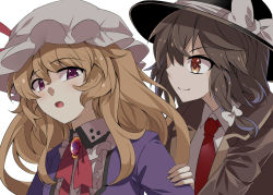 Rule 34 | 2girls, black hat, blonde hair, bow, bowtie, brooch, brown coat, brown hair, coat, commentary request, e.o., eyebrows, hair between eyes, hair ribbon, hand on another&#039;s shoulder, hat, hat bow, jewelry, long hair, maribel hearn, mob cap, multiple girls, necktie, open mouth, orange eyes, purple coat, purple eyes, red bow, red bowtie, red necktie, ribbon, simple background, smile, touhou, tress ribbon, upper body, usami renko, white background, white bow, white hat, wing collar