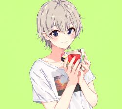Rule 34 | 1boy, 2hands1cup, androgynous, blush, closed mouth, collarbone, collarless shirt, commentary request, cup, fingernails, green background, grey eyes, grey hair, hair between eyes, highres, holding, holding cup, looking at viewer, male focus, ponkan 8, shirt, short hair, short sleeves, simple background, smile, solo, t-shirt, totsuka saika, upper body, white shirt, yahari ore no seishun lovecome wa machigatteiru.
