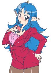 Rule 34 | 1girl, between breasts, blue hair, blush, breasts, cleavage, contrapposto, demon girl, flat color, formal, green eyes, hand on own hip, horns, hudson soft, large breasts, long hair, momotarou densetsu, nori (akusei shinseibutsu), office lady, pantyhose, pencil skirt, pointy ears, single horn, skirt, skirt suit, solo, standing, suit, yashahime (momotarou densetsu)