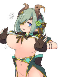 Rule 34 | +++, 1girl, nanashi inc., blue eyes, blush, breasts, brown gloves, brown horns, clothes lift, colored eyepatch, commentary request, demon girl, demon horns, eyepatch, gloves, green hair, hair between eyes, highres, honey strap, horns, large breasts, lifting own clothes, looking at viewer, motion lines, navel, no bra, no panties, official alternate costume, open mouth, out-of-frame censoring, partially fingerless gloves, sekishiro mico, shirt, shirt lift, short hair, simple background, solo, tomatojam, underboob, upper body, virtual youtuber, white background, white shirt