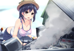 Rule 34 | 10s, 1girl, ahoge, alternate costume, bare shoulders, bent over, black hair, breasts, brown eyes, car, cleavage, gedou (shigure seishin), hanging breasts, hat, highres, kantai collection, large breasts, leaning forward, long hair, looking at viewer, motor vehicle, open mouth, smoke, solo, standing, straw hat, tank top, tearing up, toyota, toyota 86, toyota sprinter trueno, ushio (kancolle), wristband