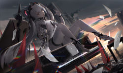 Rule 34 | + +, 1girl, absurdres, chair, cloud, cloudy sky, dark, full body, hair ornament, highres, instrument, looking at viewer, luna: laurel (punishing: gray raven), luna (punishing: gray raven), mechanical foot, paper, piano, punishing: gray raven, rainbow, sitting, sky, spikes, xiao feng