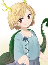 Rule 34 | 1girl, antlers, blonde hair, blue shirt, closed mouth, collarbone, cowboy shot, dragon horns, dragon tail, gradient background, green tail, highres, horns, kicchou yachie, long sleeves, looking at viewer, pleated skirt, red eyes, shirt, short hair, skirt, smile, solo, standing, tail, touhou, turtle shell, tyouseki, white background, yellow background, yellow horns