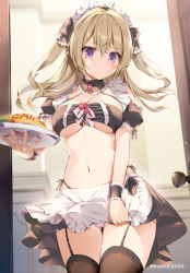 Rule 34 | 1girl, angry, apron, black skirt, black thighhighs, blonde hair, blush, breasts, cleavage, closed mouth, commentary, embarrassed, food, garter straps, hair between eyes, halterneck, indoors, karory, long hair, looking at viewer, maid, maid apron, maid headdress, medium breasts, navel, omelet, omurice, original, purple eyes, revealing clothes, skirt, solo, standing, stomach, symbol-only commentary, thighhighs, twintails, twitter username