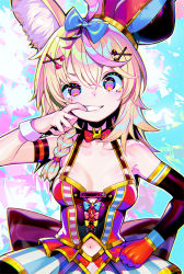Rule 34 | 1girl, animal ears, blonde hair, bow, bowtie, braid, breasts, dress, facial mark, fox ears, gloves, hair between eyes, hair ornament, hairclip, hat, hololive, jester cap, long sleeves, medium breasts, mouth pull, multicolored clothes, multicolored dress, multicolored hair, navel, omaru polka, omaru polka (1st costume), onono imoko, pink eyes, pink hair, red bow, red bowtie, red gloves, side braid, single glove, solo, streaked hair, tilted headwear, upper body, virtual youtuber, x hair ornament
