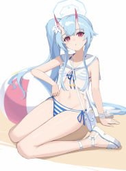 Rule 34 | 1girl, :o, absurdres, arm support, babydoll, ball, bandaged wrist, bandages, bare arms, bare legs, beachball, bikini, blue archive, blue hair, breasts, chise (blue archive), chise (swimsuit) (blue archive), elbow rest, eruthika, front-tie top, halo, highres, horns, light blush, long hair, navel, oni horns, red eyes, sailor collar, sandals, see-through, side-tie bikini bottom, side ponytail, sidelocks, sitting, small breasts, solo, stomach, string bikini, striped bikini, striped clothes, swimsuit, thighs, wariza, white background, white bikini, white footwear, white sailor collar