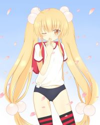 Rule 34 | 1girl, ;), backpack, bad id, bad pixiv id, bag, blonde hair, blush, buruma, child, contrapposto, fingers to mouth, gradient background, gym uniform, hair bobbles, hair ornament, kodomo no jikan, kokonoe rin, long hair, looking at viewer, low-tied long hair, navel, one eye closed, petals, randoseru, shirt, smile, solo, standing, striped clothes, striped thighhighs, thighhighs, tied shirt, twintails, wink, yellow eyes, zeppeki airin