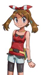 Rule 34 | 1girl, bare shoulders, black shorts, bow, bracelet, brown hair, closed mouth, creatures (company), fanny pack, game freak, hair bow, jewelry, looking at viewer, may (pokemon), mtgrslove376, nintendo, pokemon, pokemon oras, red bow, red shirt, shirt, shorts, shorts under shorts, sleeveless, sleeveless shirt, smile, solo, white background, white shorts