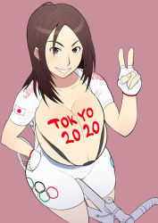 Rule 34 | 1girl, 2020, bicycle, body writing, breasts, breasts out, breasts squeezed together, bursting breasts, cleavage, curvy, fingerless gloves, from above, gloves, grin, hand on own hip, huge breasts, japan, japanese flag, leotard, long hair, looking at viewer, medal, olympics, original, pink background, short sleeves, simple background, skindentation, smile, solo, sportswear, straddling, tetrodotoxin, v, white gloves, wide hips