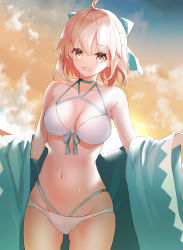 Rule 34 | 1girl, ahoge, bikini, blonde hair, blue bow, bow, breasts, commentary request, cowboy shot, fate/grand order, fate (series), groin, hair between eyes, hair bow, highres, koha-ace, looking at viewer, medium breasts, okita j. souji (third ascension) (fate), okita souji (fate), okita souji (koha-ace), outdoors, short hair, smile, solo, standing, swimsuit, tsukise miwa, white bikini, yellow eyes