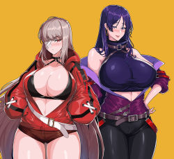 Rule 34 | 2girls, alternate costume, bandaged head, bandages, belt, bikini, bikini top only, black pants, breasts, brown hair, character request, cleavage, collared shirt, crop top, earrings, fate/grand order, fate (series), florence nightingale (fate), hand on own hip, hands in pockets, hella p, hoop earrings, huge breasts, jacket, jewelry, long hair, looking down, minamoto no raikou (fate), multiple girls, off-shoulder jacket, off shoulder, one eye covered, open clothes, open jacket, pants, parted lips, purple eyes, purple hair, purple shirt, red eyes, shirt, single earring, swimsuit, symbol-only commentary, thick thighs, thigh gap, thighs, very long hair
