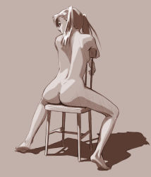 Rule 34 | 1girl, arched back, ass, back, barefoot, chair, feet, francine (daijaemon), from behind, limited palette, long hair, long legs, monochrome, nude, sepia, shadow, simple background, sitting, sitting backwards, solo, twintails
