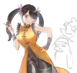 Rule 34 | 1girl, black eyes, black hair, black pants, china dress, chinese clothes, closed mouth, dress, hair ornament, ling xiaoyu, long hair, looking at viewer, one eye closed, orange dress, pants, simple background, sketch, sleeveless, smile, solo, suvin (mononochi), tekken, tekken 7, twintails, white background