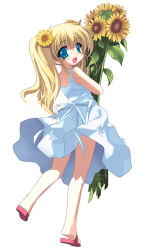 Rule 34 | 1girl, blonde hair, blue eyes, dress, emily (pure dream), full body, simple background, solo, source request, standing, standing on one leg, tagme, twintails, white background