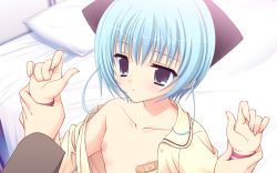 Rule 34 | 1girl, bandaid, bandaids on nipples, bed, bed sheet, blouse, blue eyes, blue hair, blush, collarbone, collared shirt, expressionless, flat chest, game cg, holding another&#039;s wrist, matching hair/eyes, nipples, open clothes, open shirt, pasties, pillow, prism magical, shirt, short hair, solo, solo focus, tanihara natsuki, wachi yuri