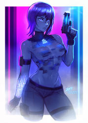 Rule 34 | 1girl, arm tattoo, black leotard, breasts, commentary, covered navel, cyberpunk, digital dissolve, dissolving clothes, distortion, english commentary, finger on trigger, ghost in the shell, ghost in the shell: sac 2045, ghost in the shell stand alone complex, glitch, glowing tattoo, gun, handgun, highleg, highleg leotard, holding, holding gun, holding weapon, iahfy, kusanagi motoko, leotard, lowleg, lowleg pants, medium breasts, medium hair, multicolored background, neon lights, neon trim, no bra, pants, pistol, pouch, purple eyes, purple hair, science fiction, smoke, smoking gun, solo, standing, synthwave, tattoo, thigh pouch, thigh strap, thighs, weapon