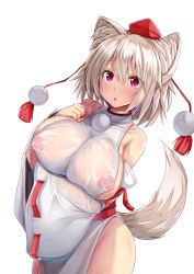 Rule 34 | 1girl, alternate eye color, animal ears, areola slip, arm under breasts, bare shoulders, blush, breast hold, breasts, commentary, covered erect nipples, cowboy shot, detached sleeves, dress, ebi 193, hair between eyes, hand on own chest, hat, inubashiri momiji, large breasts, long sleeves, nipples, parted lips, pink eyes, pom pom (clothes), puffy nipples, ribbon-trimmed sleeves, ribbon trim, see-through, short hair, side slit, silver hair, simple background, solo, standing, tail, tareme, tassel, thighs, tokin hat, touhou, wet, wet clothes, wet dress, white background, white dress, wide sleeves, wolf ears, wolf tail