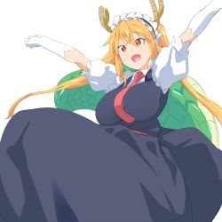 Rule 34 | 10s, 1girl, :d, apron, bebebe (pepegakii), blonde hair, breasts, dragon girl, dragon horns, dragon tail, fang, gloves, hair between eyes, highres, horns, kobayashi-san chi no maidragon, large breasts, large tail, long hair, maid, maid headdress, open mouth, orange eyes, outstretched arms, puffy short sleeves, puffy sleeves, short sleeves, sidelocks, simple background, smile, solo, tail, tohru (maidragon), twintails, white background, white gloves