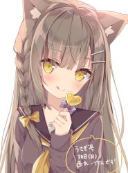 Rule 34 | 1girl, :q, animal ear fluff, animal ears, black sailor collar, black shirt, blush, bow, braid, brown bow, brown hair, brown neckerchief, candy, cat ears, closed mouth, commentary request, food, hair bow, hair ornament, hairclip, head tilt, highres, holding, holding candy, holding food, holding lollipop, hoshi (snacherubi), lollipop, long hair, long sleeves, neckerchief, original, purple bow, sailor collar, shirt, side braid, simple background, single braid, sleeves past wrists, smile, solo, tongue, tongue out, translation request, upper body, very long hair, white background, yellow eyes