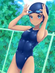 Rule 34 | 1girl, arena (company), blue headwear, blue one-piece swimsuit, chain-link fence, commentary request, competition swimsuit, cowboy shot, dark-skinned female, dark skin, fence, goggles, goggles on head, highleg, highleg swimsuit, highres, one-piece swimsuit, original, solo, swim cap, swimsuit, yonesuke (yonesukesuke)