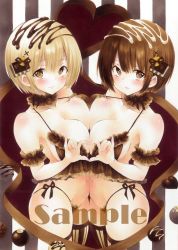 Rule 34 | 2girls, arim0k0, bikini, blonde hair, breast press, breasts, brown bikini, brown eyes, brown hair, candy, chocolate, chocolate heart, cleavage, closed mouth, cowboy shot, food, hair ornament, heart, heart hands, heart hands duo, highres, large breasts, looking at viewer, multiple girls, original, panties, sample watermark, short hair, side-tie panties, standing, striped background, striped clothes, striped thighhighs, swimsuit, symmetrical docking, thighhighs, traditional media, underwear, valentine, watermark