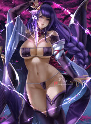 Rule 34 | 1girl, arm up, artist name, bare shoulders, bikini, black bikini, black thighhighs, blunt bangs, blush, braid, breasts, bridal gauntlets, cameltoe, cleavage, commission, detached sleeves, electricity, eyepatch bikini, feet out of frame, genshin impact, groin, highres, holding, holding sword, holding weapon, human scabbard, large breasts, long hair, looking at viewer, navel, outdoors, parted lips, purple eyes, purple hair, raiden shogun, sheath, short sleeves, shrug (clothing), signature, single braid, solo, stomach, strapless, strapless bikini, swimsuit, sword, thigh gap, thighhighs, unsheathing, very long hair, watermark, weapon, wei (promise 0820), wide sleeves