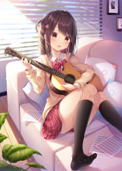 Rule 34 | 1girl, absurdres, backlighting, black socks, bow, bowtie, braid, brown eyes, collared shirt, commentary request, couch, dangmyo, guitar, hair bow, hair ornament, hairclip, highres, holding, holding instrument, indoors, instrument, kneehighs, left-handed, light particles, long legs, music, open mouth, original, plaid, plaid skirt, plant, playing instrument, pleated skirt, school uniform, sheet music, shirt, sitting, skirt, socks, solo, sunlight, white shirt, window