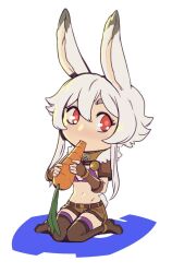 Rule 34 | 1girl, animal ears, armor, boots, bra, broken, broken chain, brown footwear, brown shorts, bunny (d-rex), carrot, chain, chibi, collar, d-rex, eating, food, highres, holding, holding food, leather armor, long hair, metal collar, navel, original, purple bra, rabbit ears, rabbit girl, rabbit tail, red eyes, shorts, shoulder armor, sitting, solo, tail, thigh boots, underwear, white background, white hair