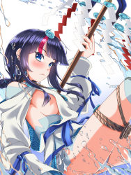 Rule 34 | 1girl, bare shoulders, black hair, blue eyes, blue ribbon, blush, breasts, clip studio paint (medium), closed mouth, detached leggings, dress, fate/grand order, fate/requiem, fate (series), fundoshi, gradient background, japanese clothes, jewelry, large breasts, long sleeves, looking at viewer, magatama, magatama hair ornament, medium hair, multicolored hair, necklace, pelvic curtain, pink hair, polearm, puffy long sleeves, puffy sleeves, ribbon, seigaiha, senruisa, short dress, sideboob, sideless outfit, spear, streaked hair, thighs, utsumi erice, water, weapon, white background, white dress