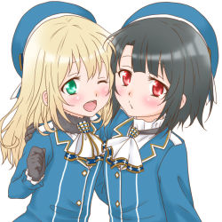 Rule 34 | 10s, 2girls, aqua eyes, ascot, atago (kancolle), bad id, bad pixiv id, beret, black gloves, blazer, blonde hair, blush, gloves, hat, jacket, kantai collection, long hair, looking at viewer, multiple girls, one eye closed, open mouth, red eyes, short hair, smile, takao (kancolle), udon (shiratama), upper body