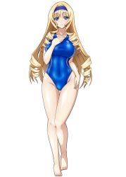 Rule 34 | 1girl, blonde hair, blue eyes, blue one-piece swimsuit, breasts, cecilia alcott, collarbone, commentary request, competition swimsuit, covered navel, full body, hairband, hand on own chest, highres, infinite stratos, large breasts, long hair, looking at viewer, one-piece swimsuit, seductive smile, shiny clothes, simple background, sky, smile, solo, swimsuit, tree, white background, yurizuku owl