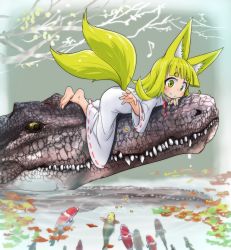 Rule 34 | &gt;:), 1girl, animal ears, barefoot, blush, closed mouth, commentary request, crocodilian, doitsuken, dress, feeding, fish, fox ears, fox girl, fox tail, highres, lake, long sleeves, looking down, lying, medium hair, multiple tails, on animal, on stomach, original, reflection, short eyebrows, smile, tail, thick eyebrows, two tails, v-shaped eyebrows, water surface, white dress, wide sleeves